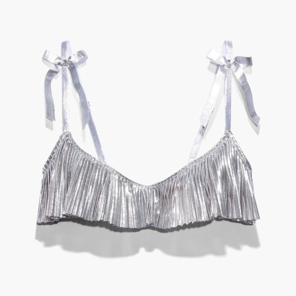 Savage x Fenty NWT Pleated Lamé unlined bra silver ruffle bow women’s size 32D